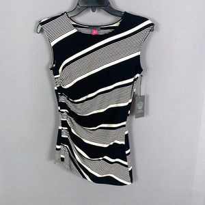 Vince Camuto Womens Zen Bloom Sleeveless Ruched Top in Rich Black White …